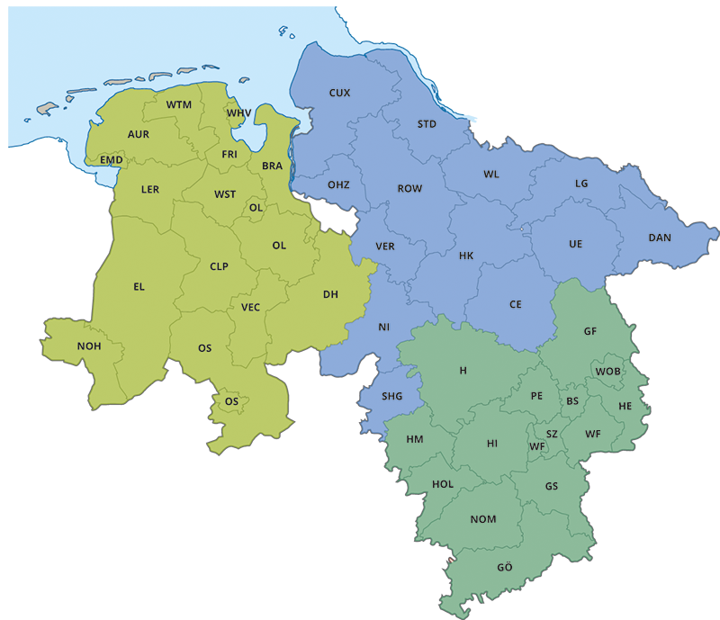 Eine Niedersachsen-Karte mit den Zuständigkeiten der Mobilen Beratung